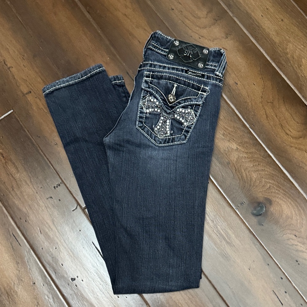 LAST CHANCE...Miss Me Dark Blue skinny Jeans with Embellished Pockets